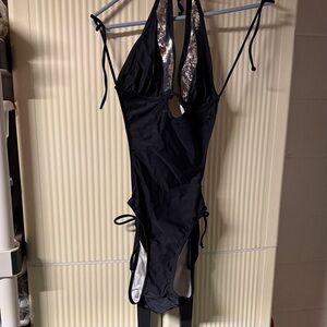 Black One-Piece Swimsuit with Sequin Trim